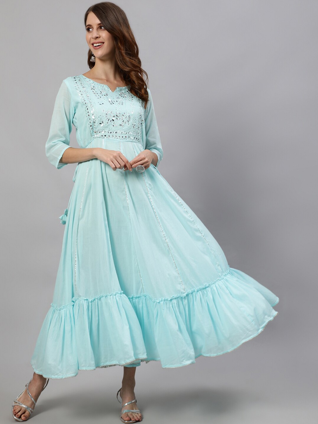 

Ishin Women Yoke Design Mirror Work Tiering Anarkali Cotton Kurta, Blue