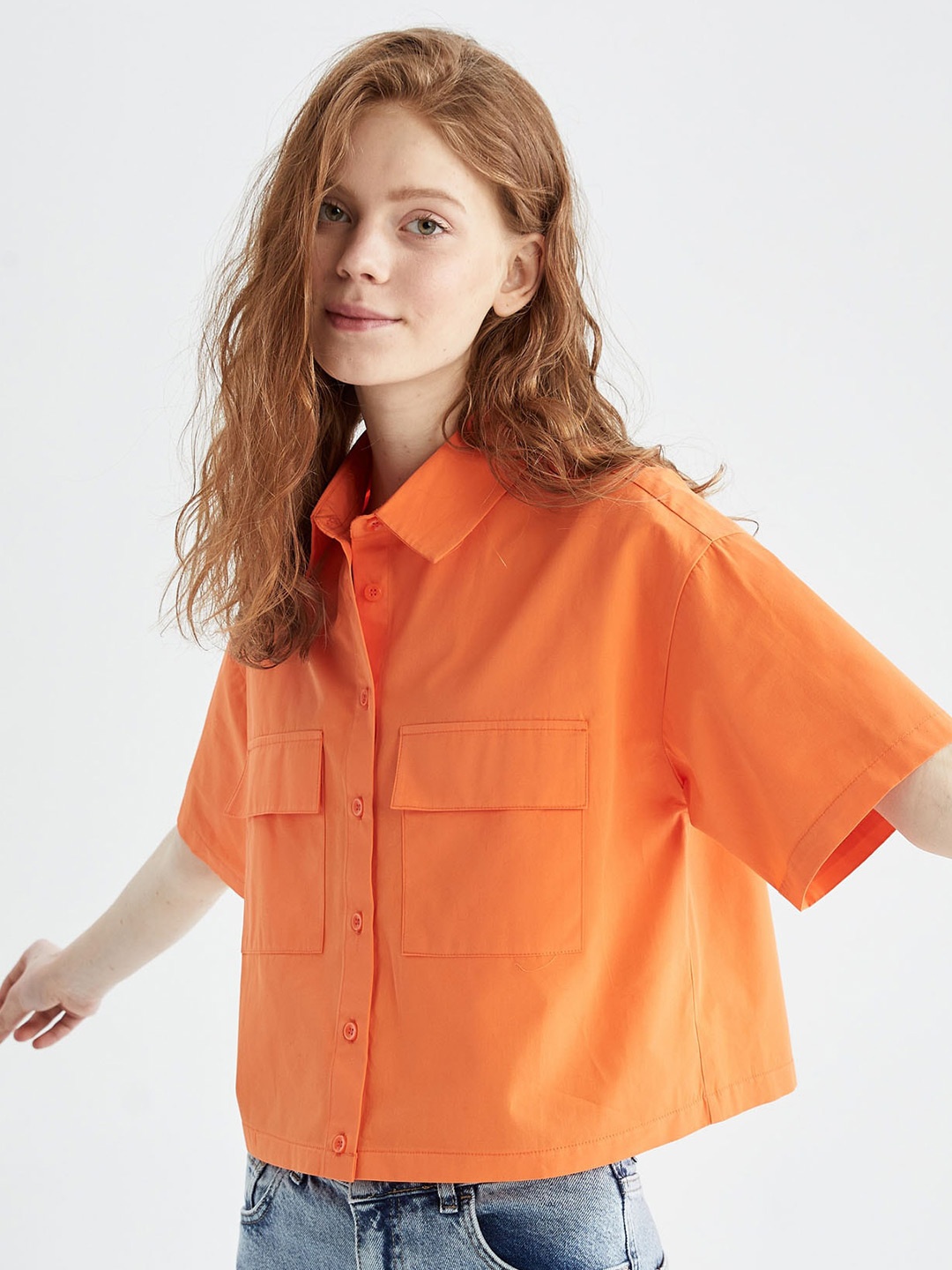 

DeFacto Women Boxy Pure Cotton Crop Casual Shirt, Orange