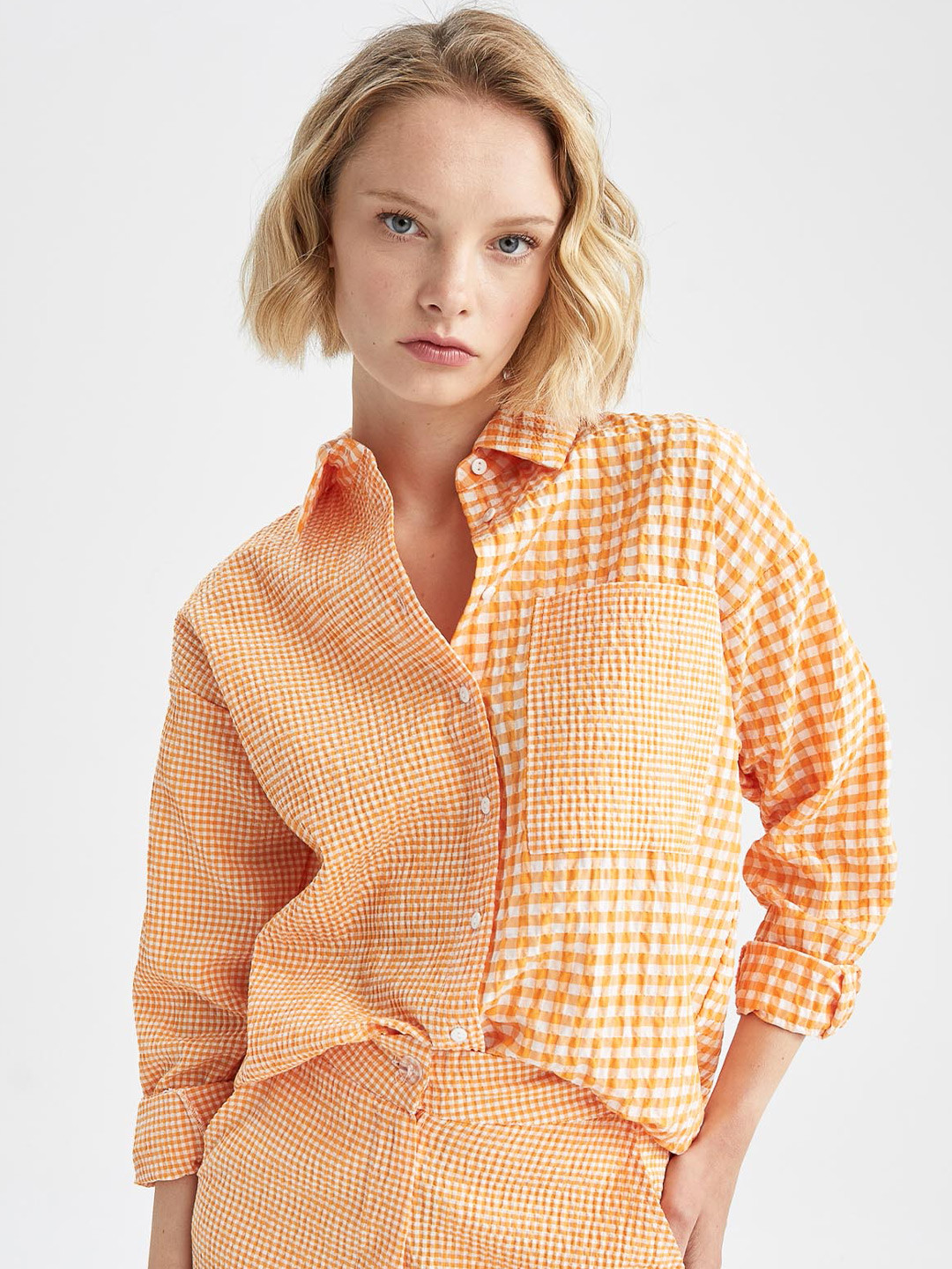 

DeFacto Women Gingham Checked Casual Shirt, Orange