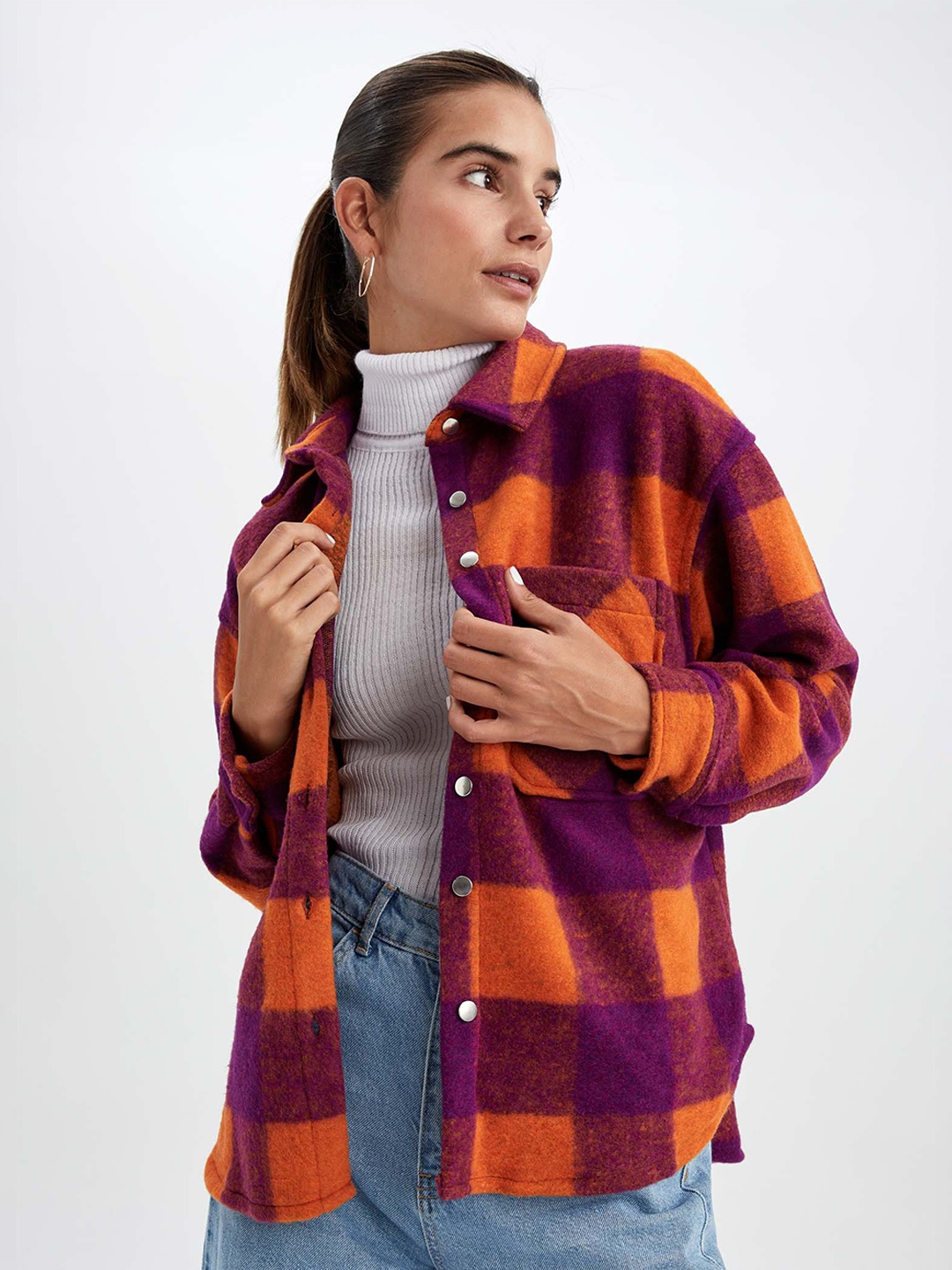 

DeFacto Women Checked Casual Shackets, Orange