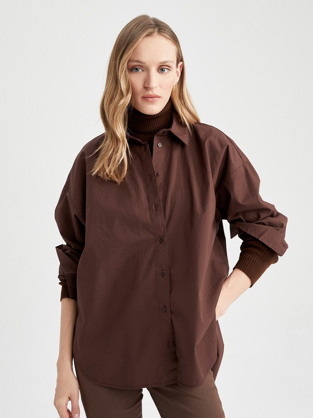 

DeFacto Women Drop Shoulder Sleeves Pure Cotton Casual Shirt, Brown