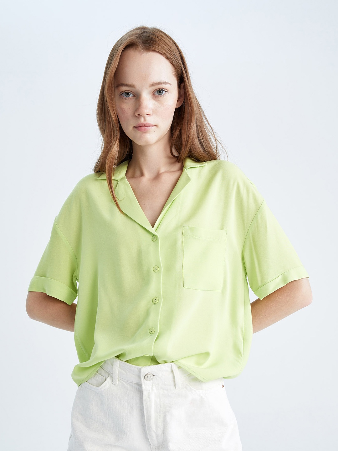 

DeFacto Women Regular Fit Short Sleeves Casual Shirt, Green