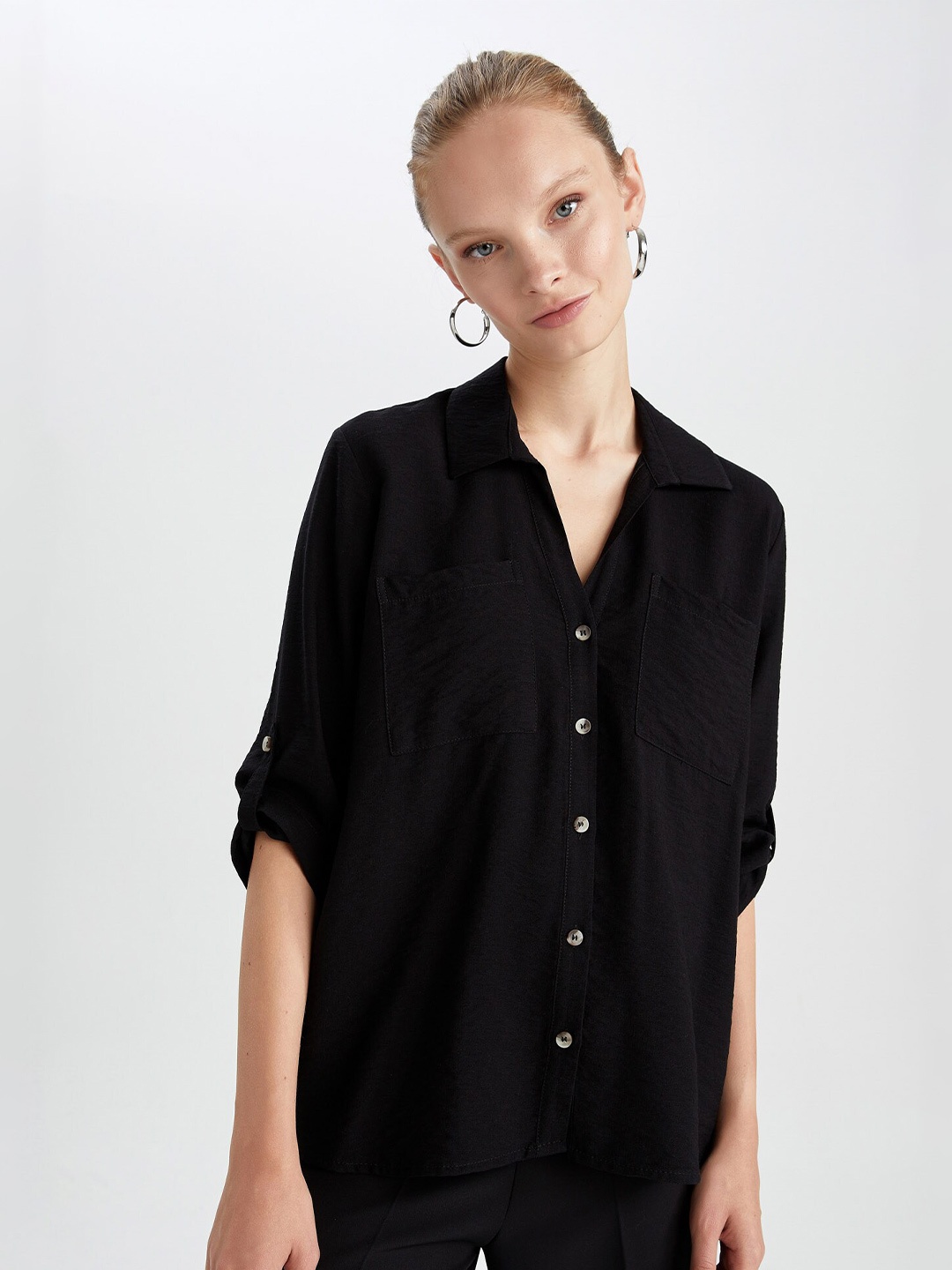 

DeFacto Women Roll Up sleeves Casual Shirt, Black