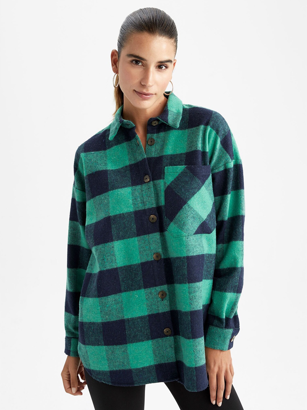 

DeFacto Women Tailored Fit Buffalo Checks Checked Long Line Casual Shirt, Green