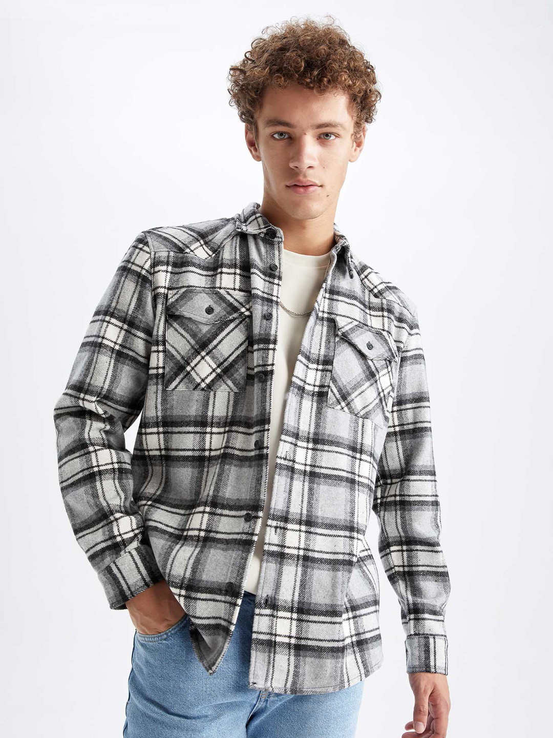 

DeFacto Men Checked Cotton Casual Shacket, Black