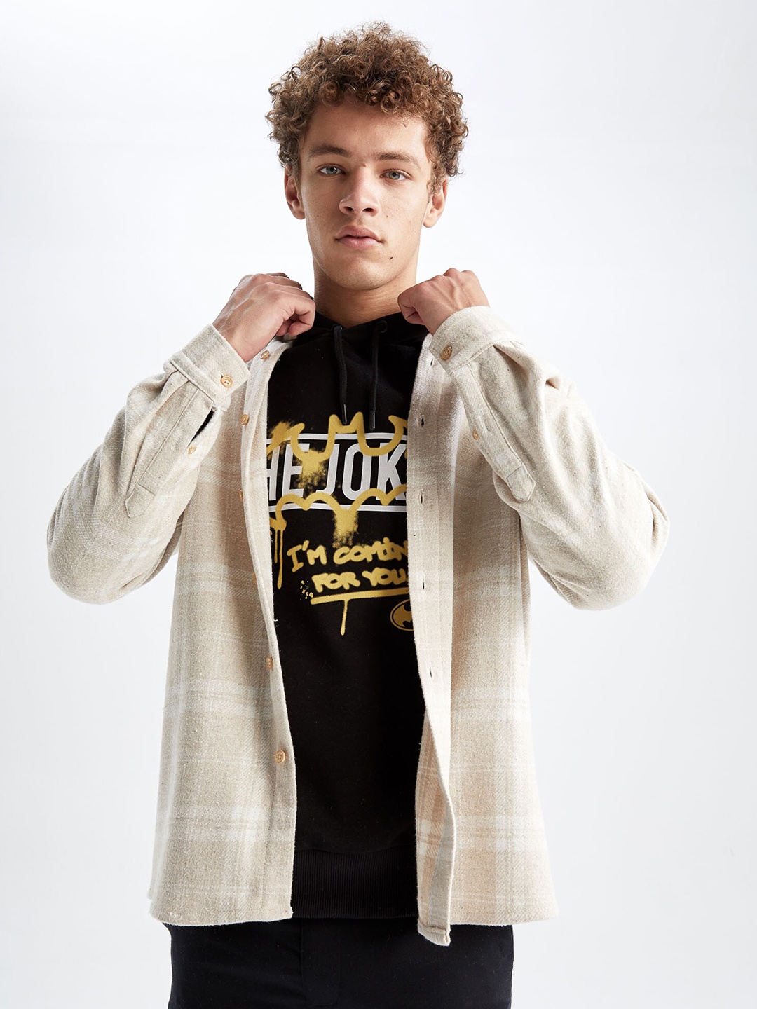 

DeFacto Men Checked Spread Collar Casual Shacket, Beige