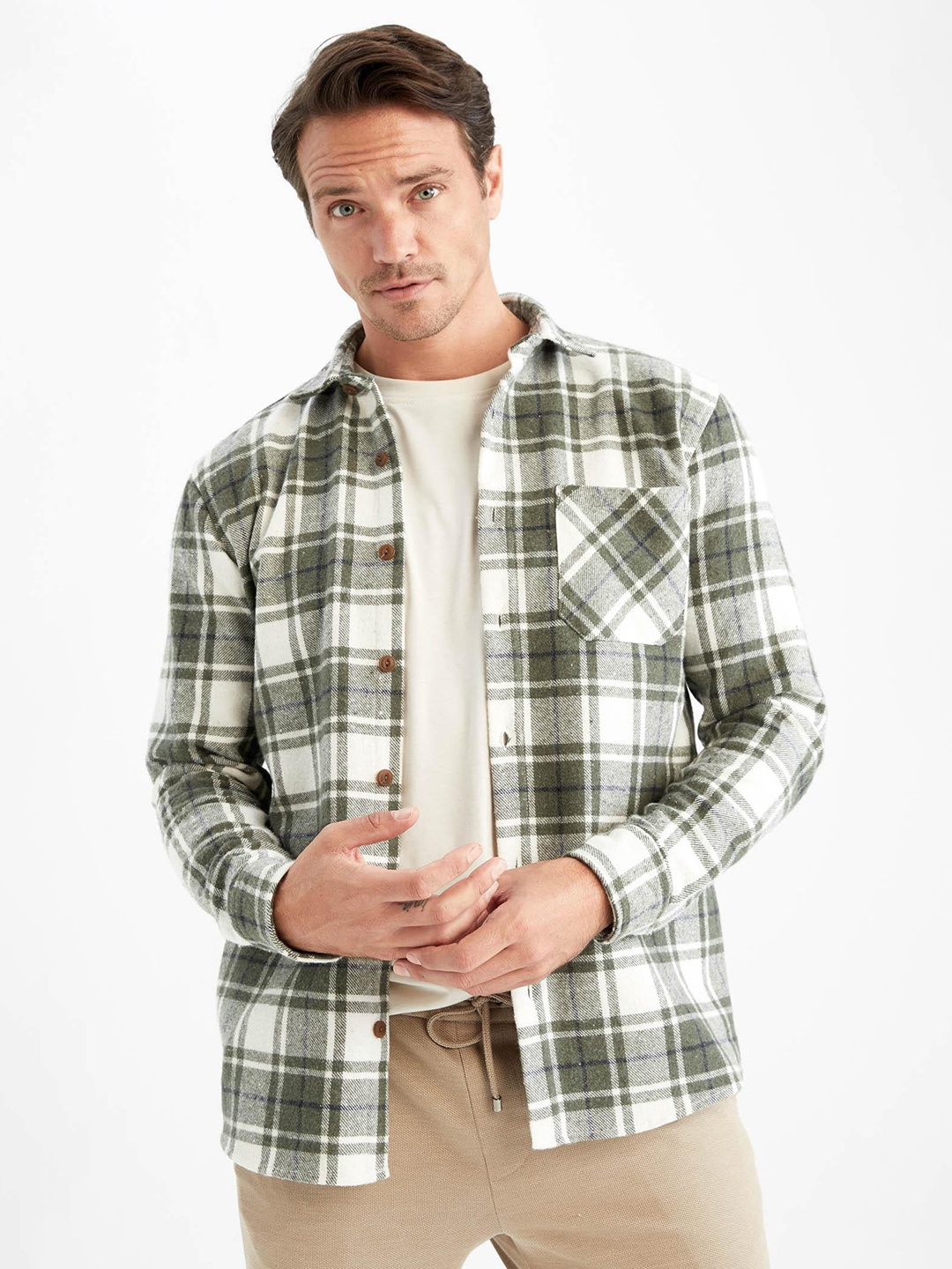 

DeFacto Men Plus Size Checked Spread Collar Casual Shacket, Olive