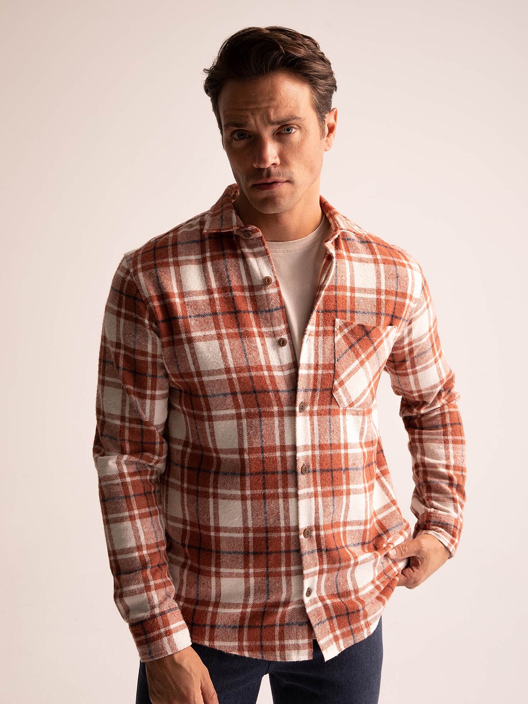 

DeFacto Men Plus Size Tartan Checks Checked Casual Shacket, Rust