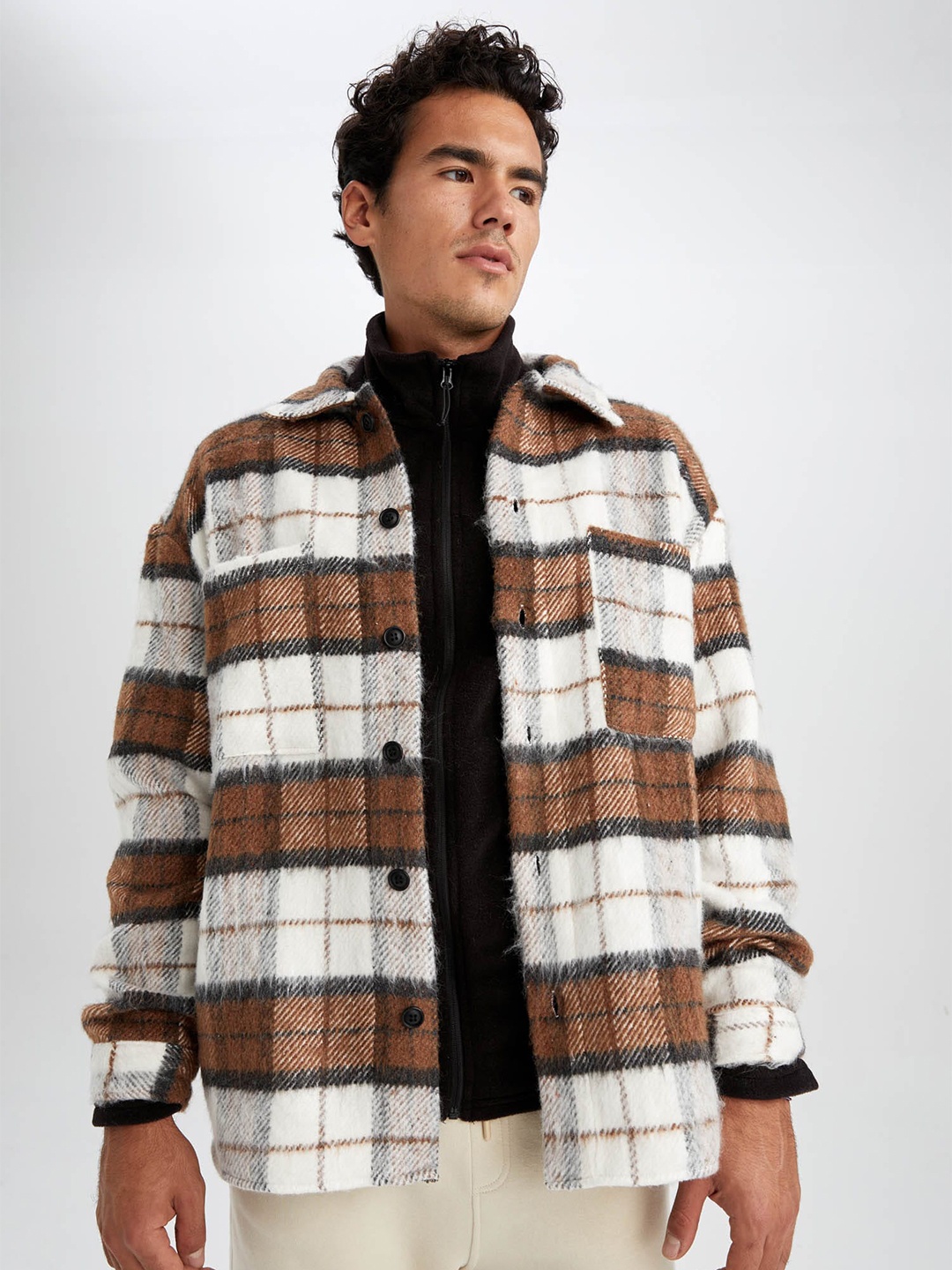 

DeFacto Men Checked Regular Fit Long Sleeves Casual Shacket, Brown