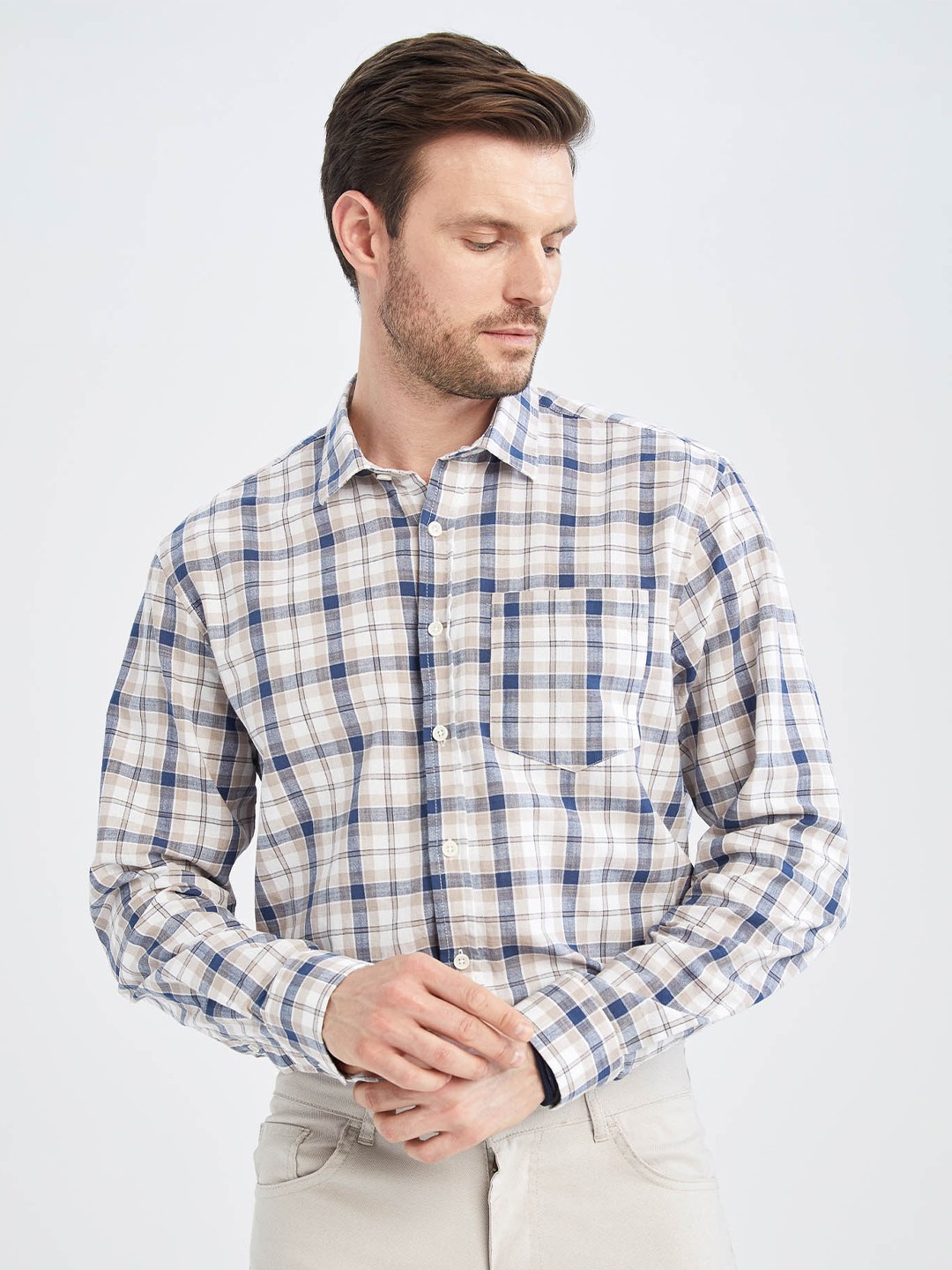 

DeFacto Men Checked Pure Cotton Formal Shirt, White