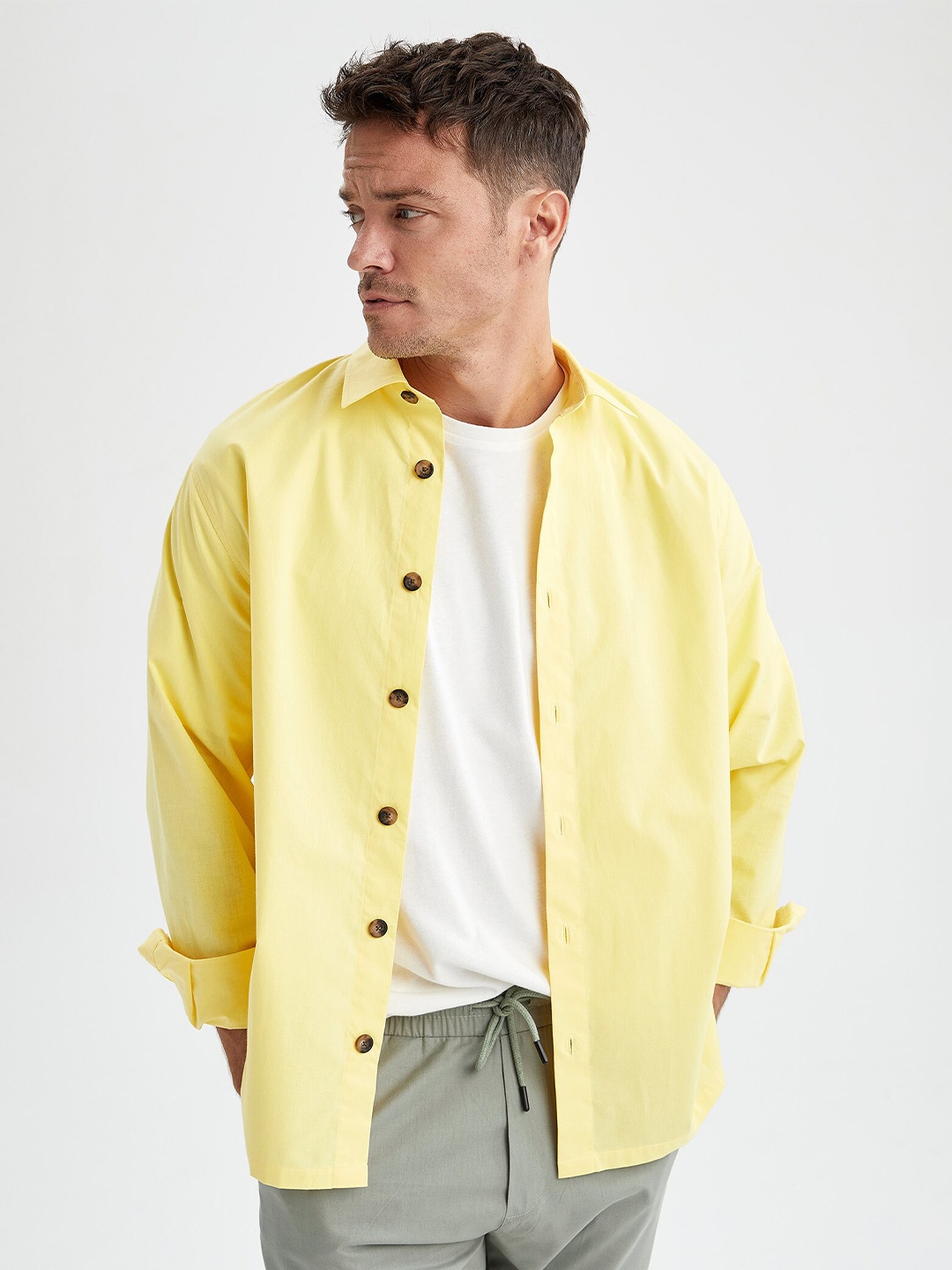 

DeFacto Men Pure Cotton Regular Fit Long Sleeves Casual Shirt, Yellow