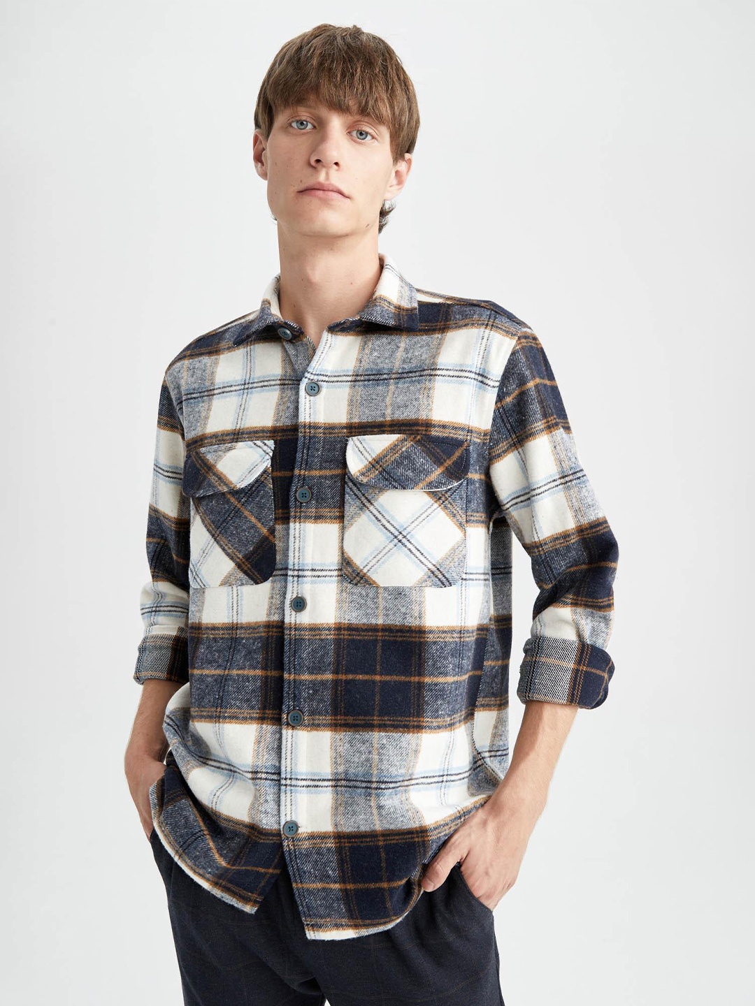 

DeFacto Men Tartan Checks Checked Long Sleeves Casual Shirt, Black