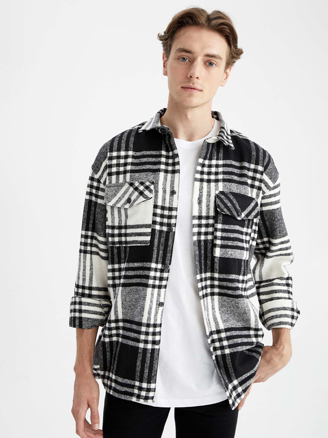 

DeFacto Men Tartan Checks Checked Long Sleeves Shacket, Black