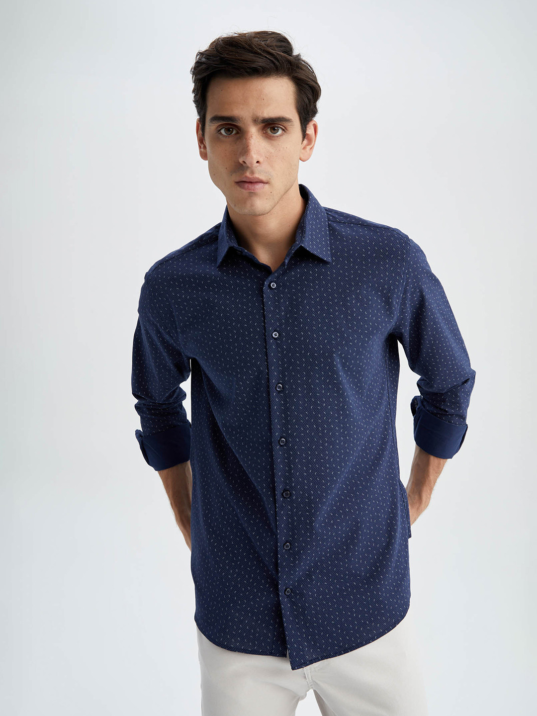 

DeFacto Men Micro Ditsy Printed Pure Cotton Long Sleeves Casual Shirt, Navy blue