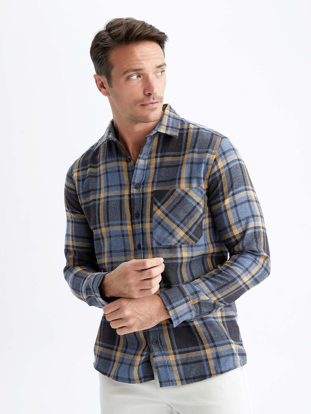 

DeFacto Men Tartan Checks Checked Long Sleeves Casual Shirt, Blue