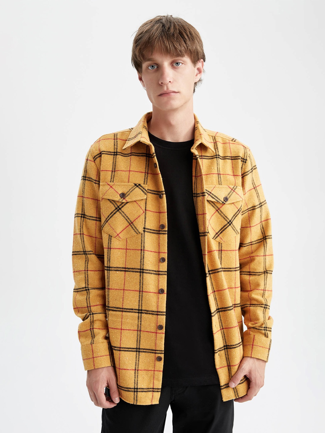 

DeFacto Men Tartan Checks Checked Long Sleeves Shacket, Orange