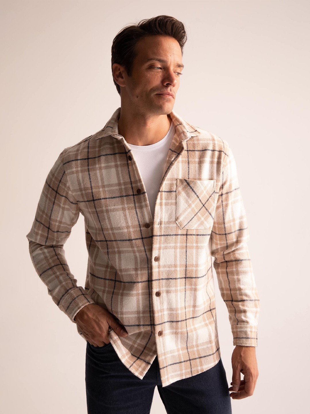 

DeFacto Men Plus Size Tartan Checks Checked Long Sleeves Casual Shirt, Off white