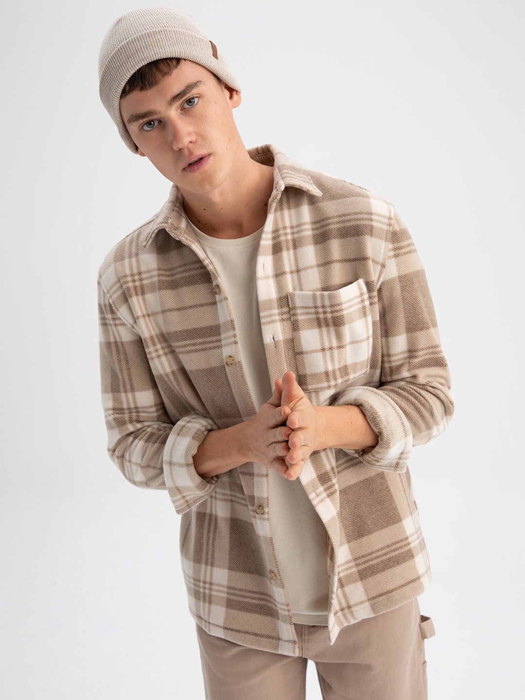 

DeFacto Men Tartan Checks Checked Long Sleeves Shacket, Beige