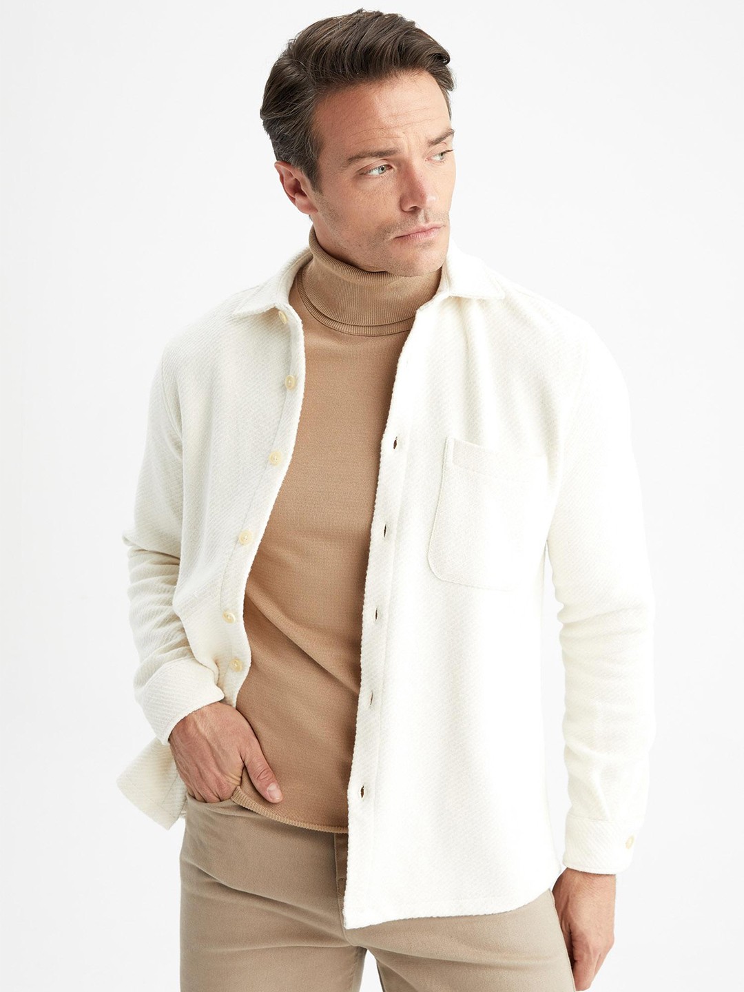 

DeFacto Men Casual Shacket Regular Fit Shirt, Cream