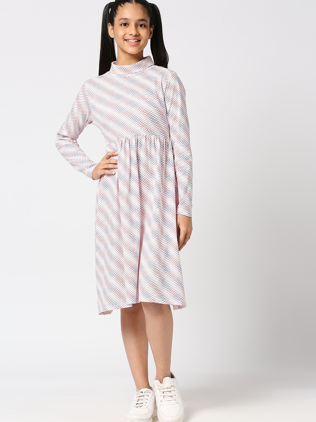

JUSTICE Striped Mock Neck Fit And Flare Cotton Dress, White