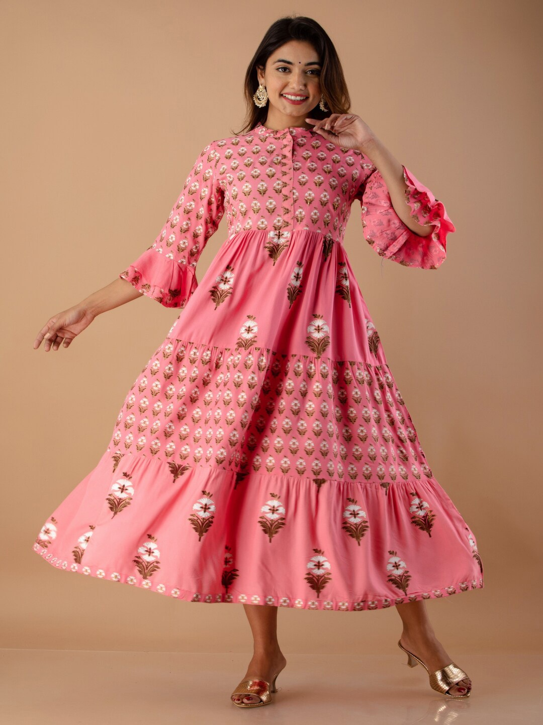 

RUHAZAT Ethnic Motifs A-Line Midi Dress, Pink