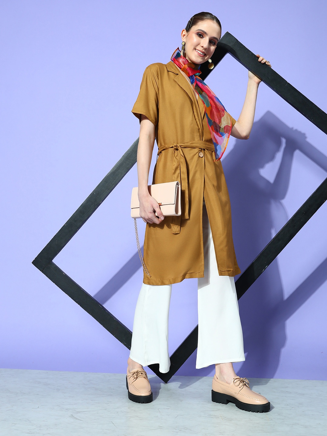 

InWeave Women Camel Brown & White Co-Ords With Scarf