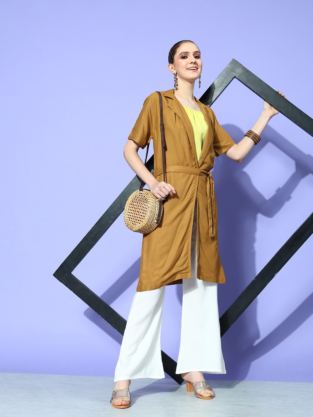 

InWeave Women Yellow & White Crop Top With Trousers & Jacket, Camel brown