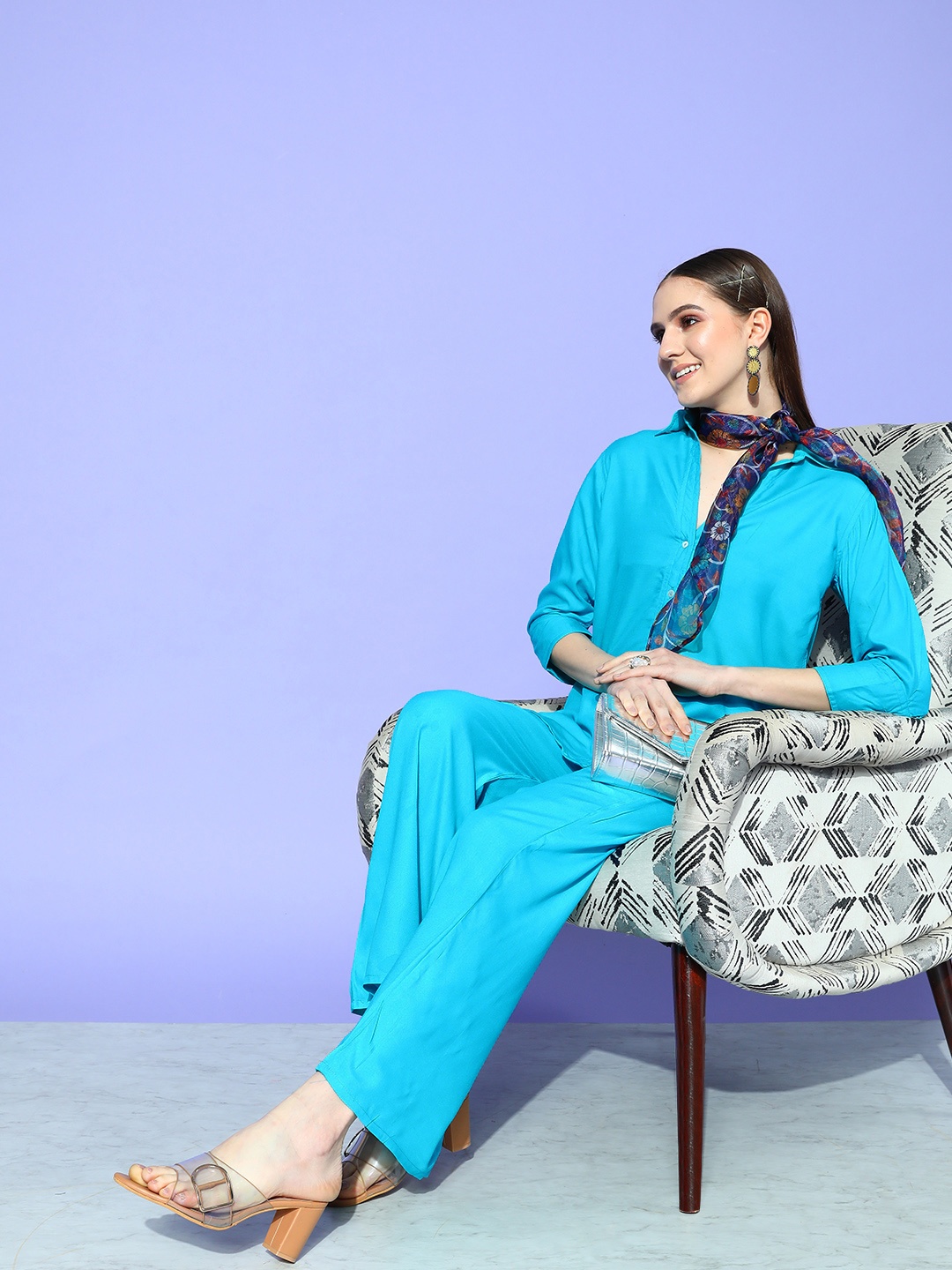 

InWeave Women Blue Shirt & Trousers With Scarf