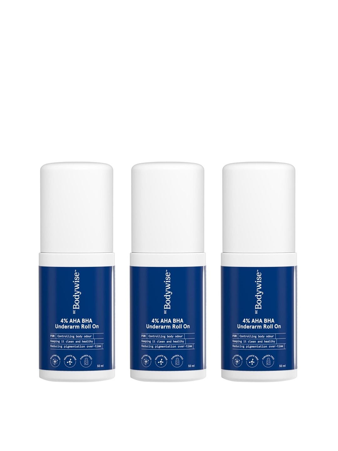 

Be Bodywise Set Of 3 Women 4% AHA BHA Underarm Roll On - 50ml Each, Blue
