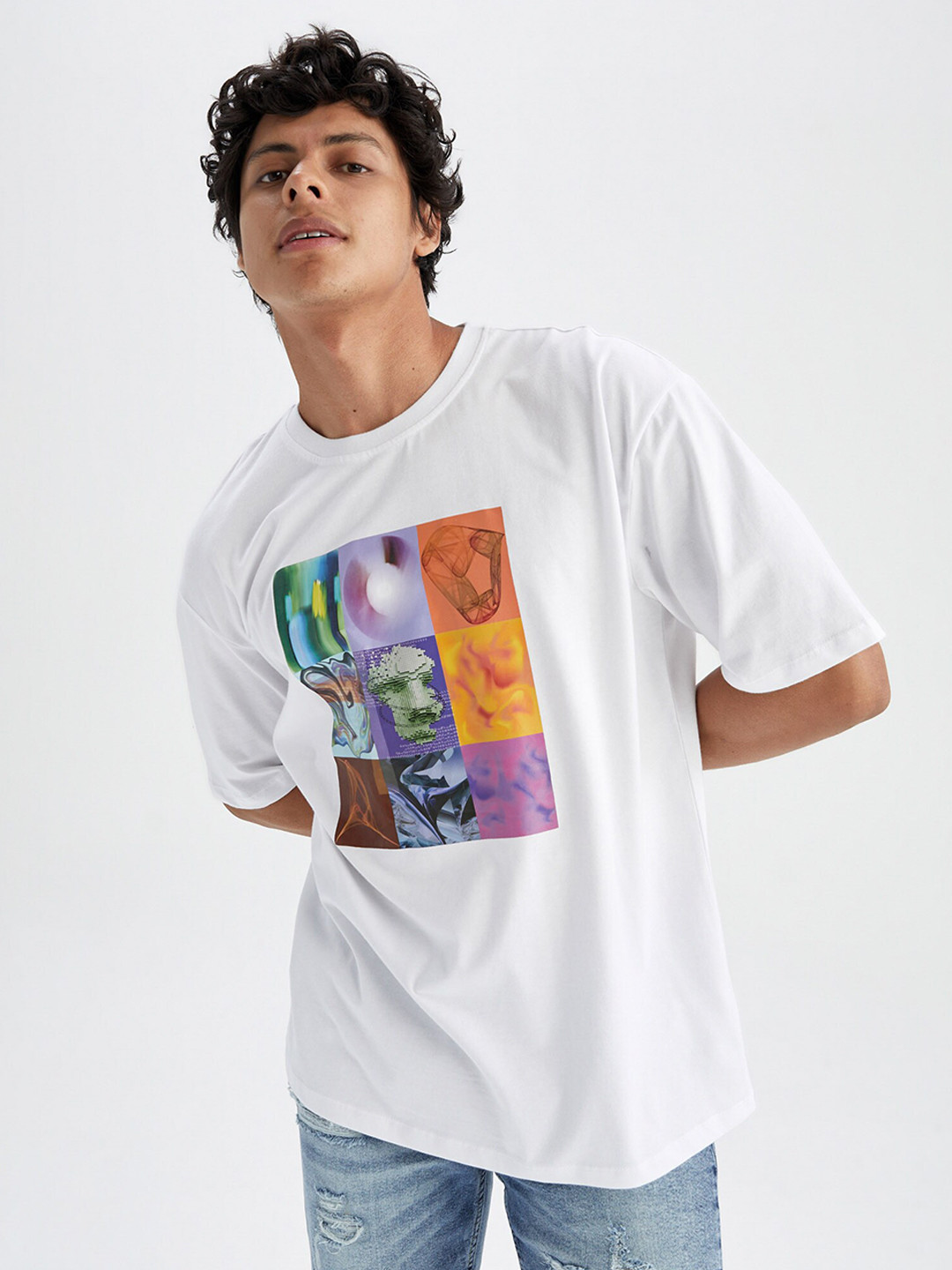

DeFacto Men Printed Pure Cotton Drop-Shoulder Sleeves T-shirt, White