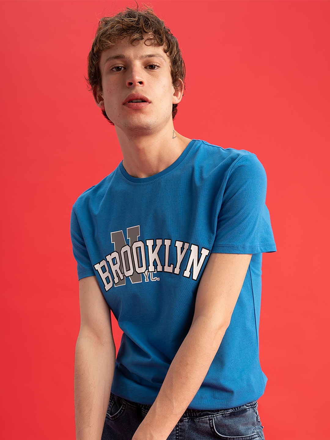 

DeFacto Men Pure Cotton Typography Printed T-shirt, Blue