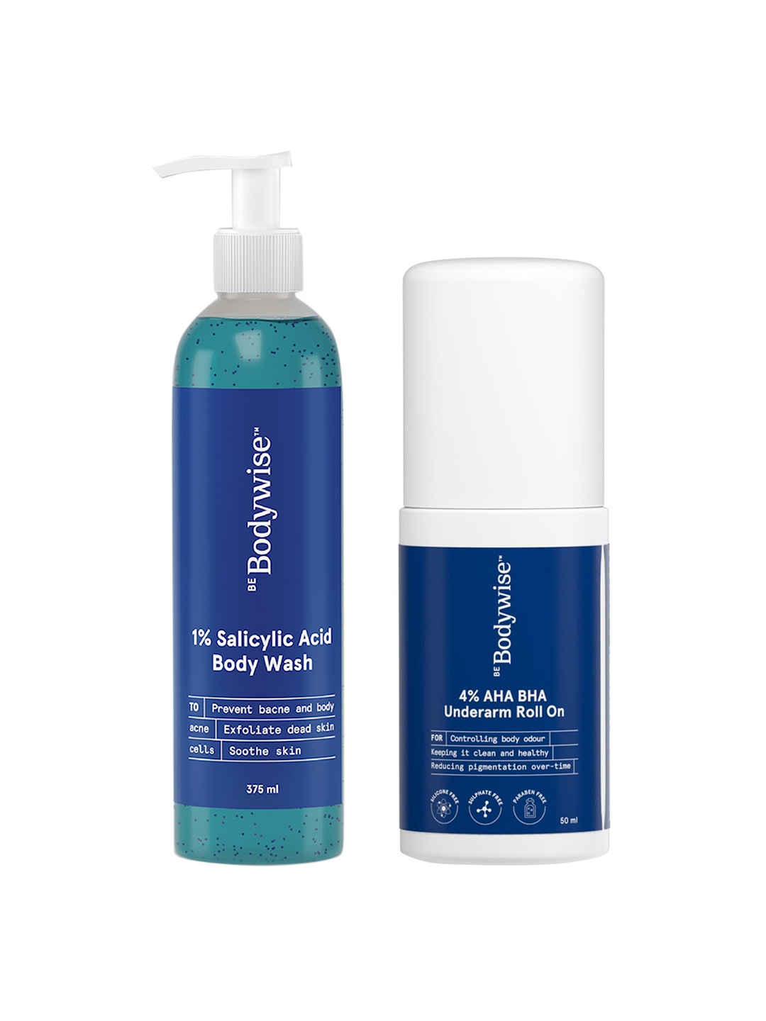 

Be Bodywise Women 4% AHA BHA Underarm Roll On 50ml & 1% Salicylic Acid Body Wash 375 ml, Blue