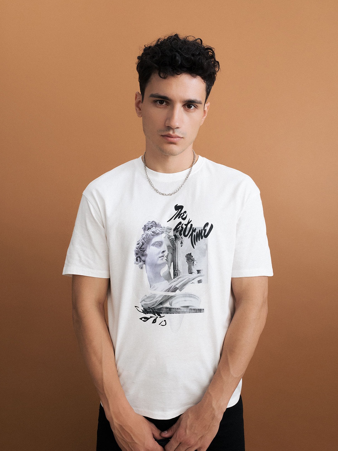 

DeFacto Men Printed Pure Cotton Regular Fit T-shirt, Off white