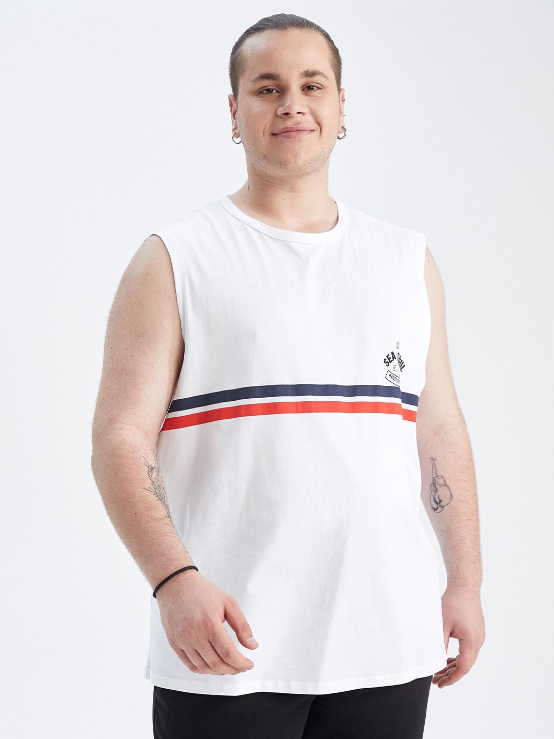 

DeFacto Men Plus Size Striped Cotton T-shirt, White