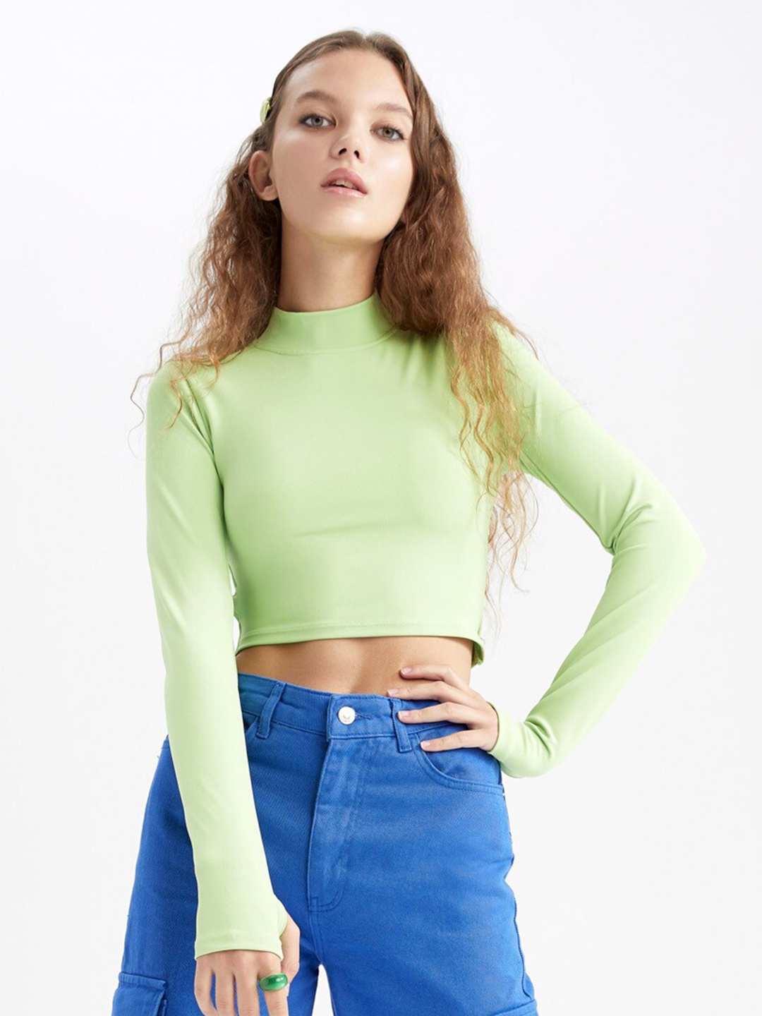 

DeFacto Women High Neck Crop T-shirt, Green
