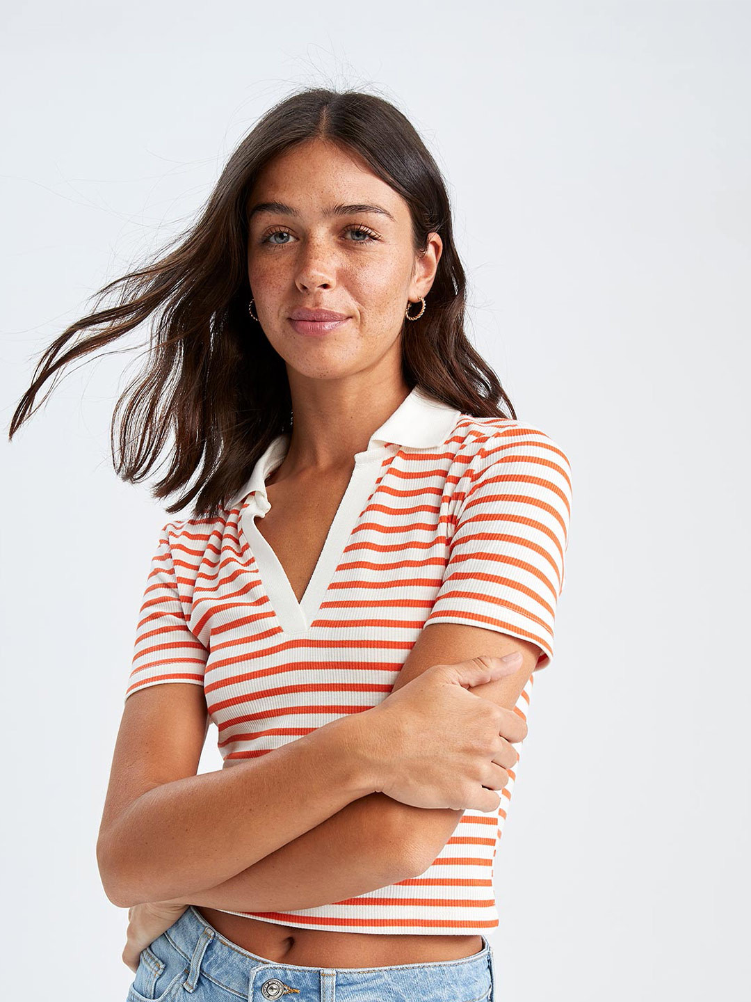 

DeFacto Women Striped Polo Collar T-shirt, White