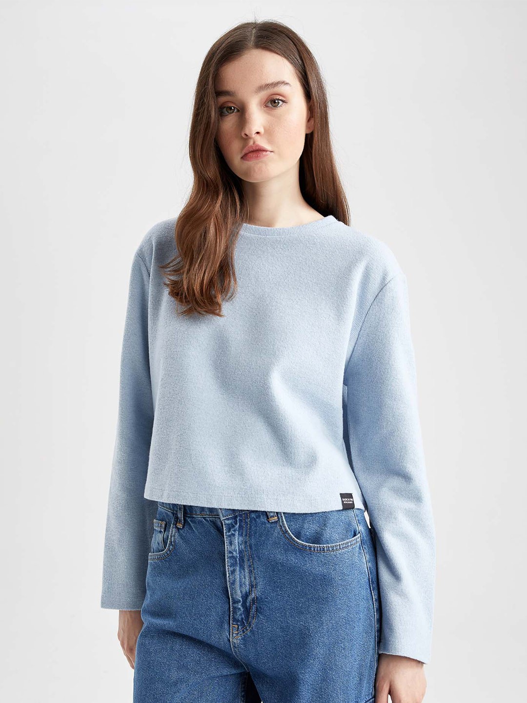 

DeFacto Women Drop-Shoulder Sleeves Crop T-shirt, Blue