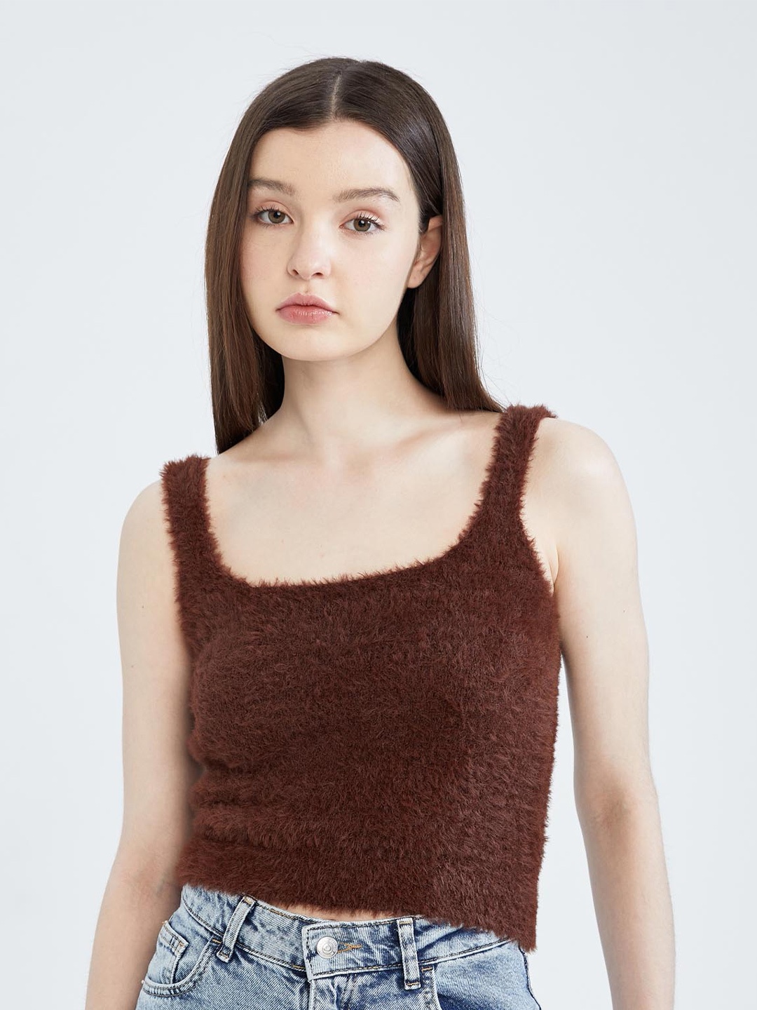 

DeFacto Square Neck Shoulder Straps Crop Top, Brown
