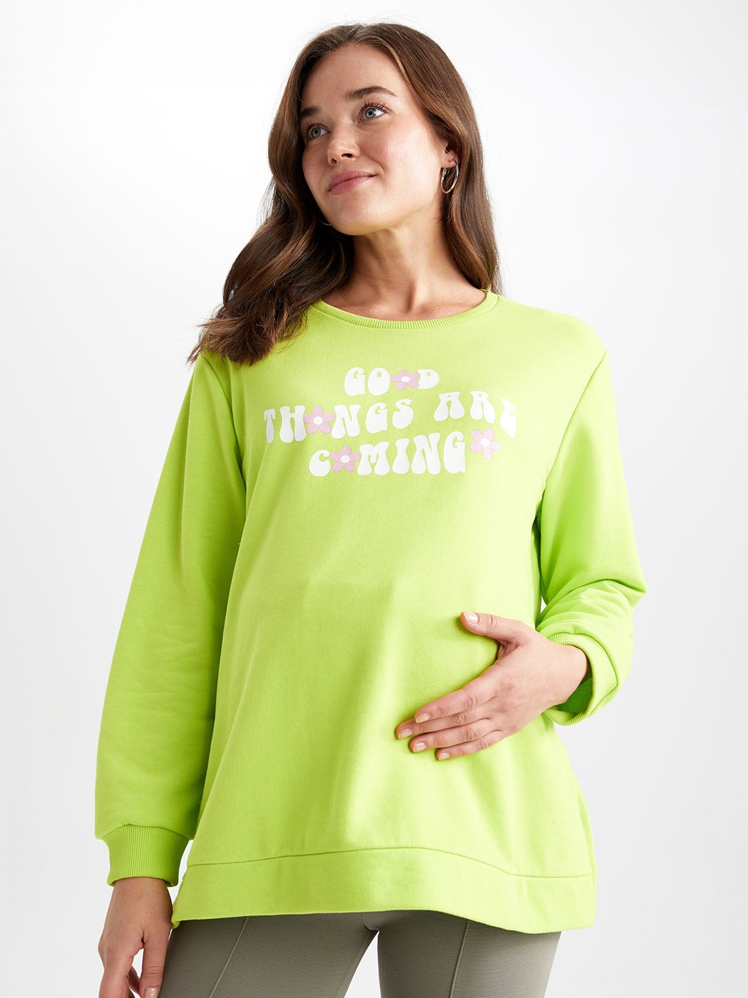 

DeFacto Women Typography Printed Cotton Pullover Sweatshirt, Fluorescent green