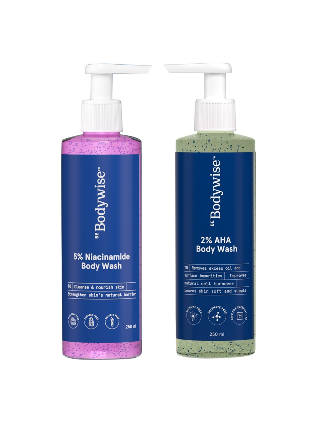 

Be Bodywise Set of 5% Niacinamide + 2% AHA Body Wash - 250 ml Each, Blue