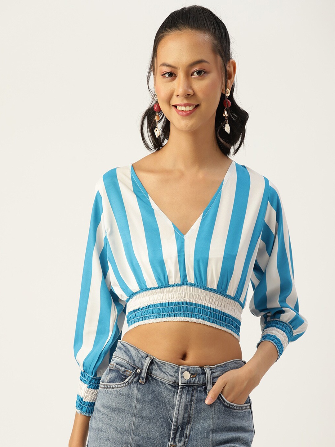 

SIRIKIT Striped Smocked Cinched Waist Crop Top, Blue