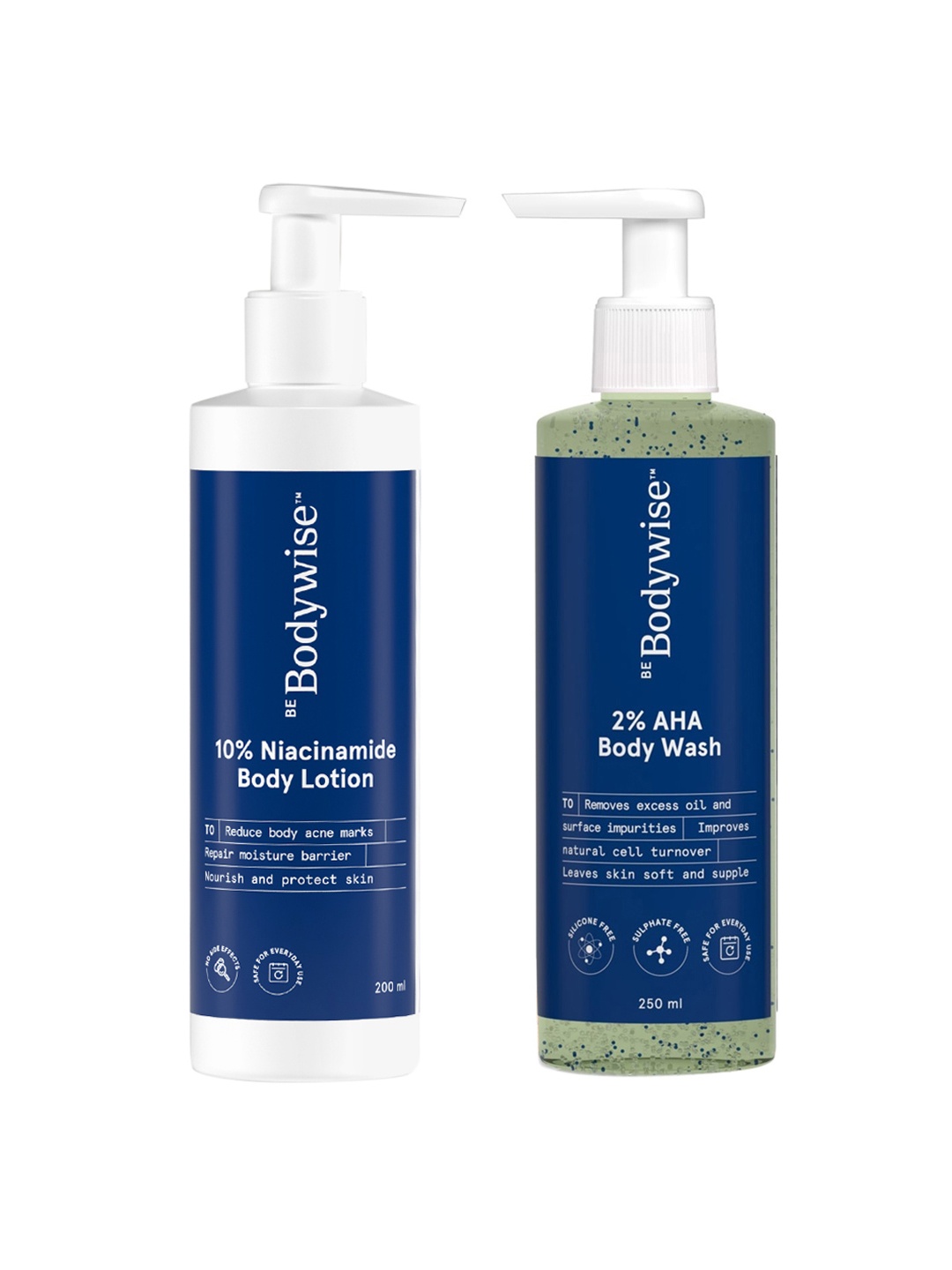 

Be Bodywise Set of 10% Niacinamide Body Lotion 200ml + 2% AHA Body Wash 250 ml, Blue