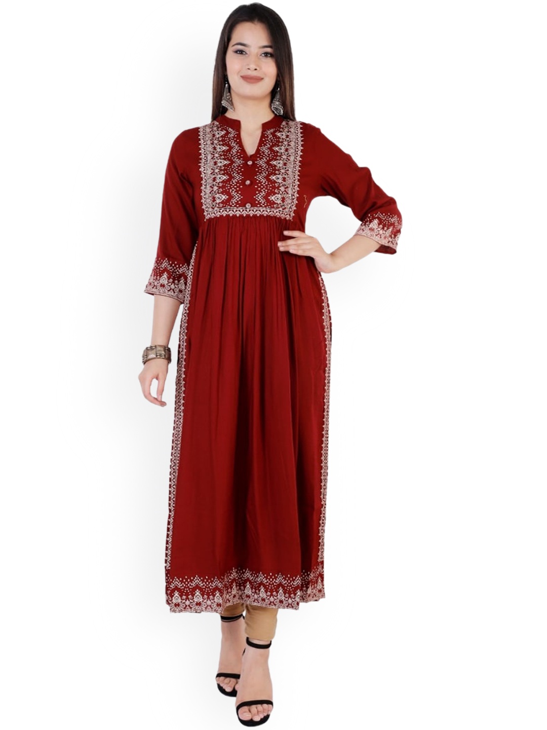 

RUHAZAT Women Maroon Yoke Design Flared Sleeves Anarkali Kurta