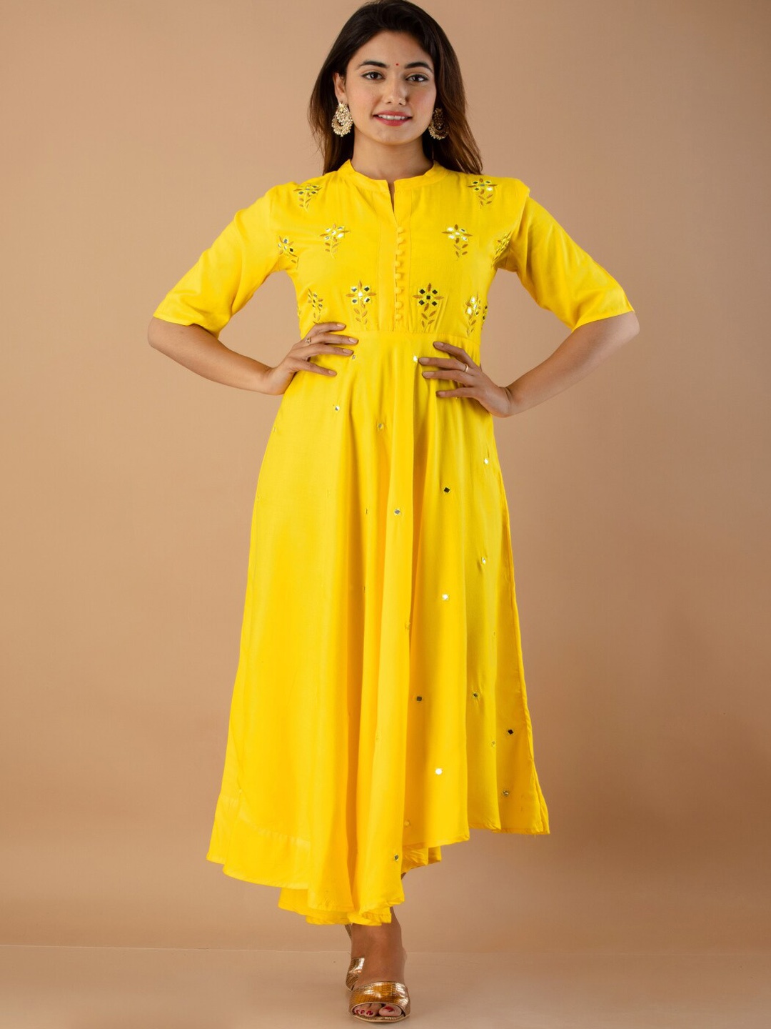 

RUHAZAT Women Ethnic Motifs Embroidered Mirror Work Anarkali Kurta, Yellow