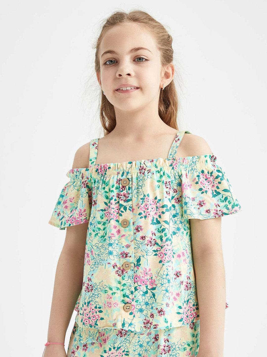 

DeFacto Girls Floral Printed Cold Shoulder Top, Green