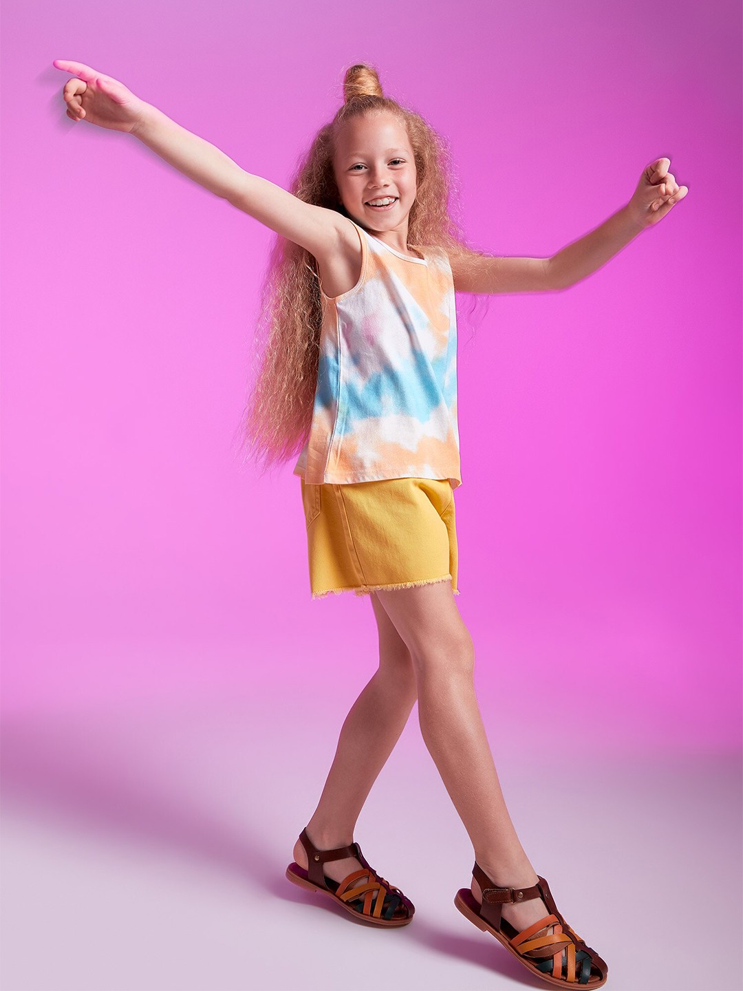 

DeFacto Girls Tie And Dye Printed Pure Cotton Tank Top, Orange