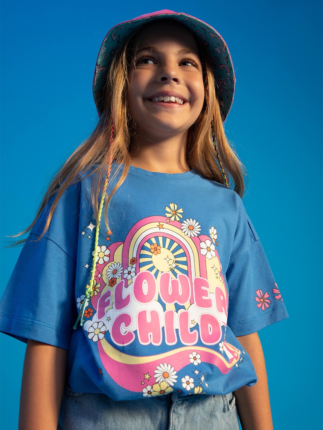 

DeFacto Girls Printed Drop Shoulder Pure Cotton Sleeves Top, Blue