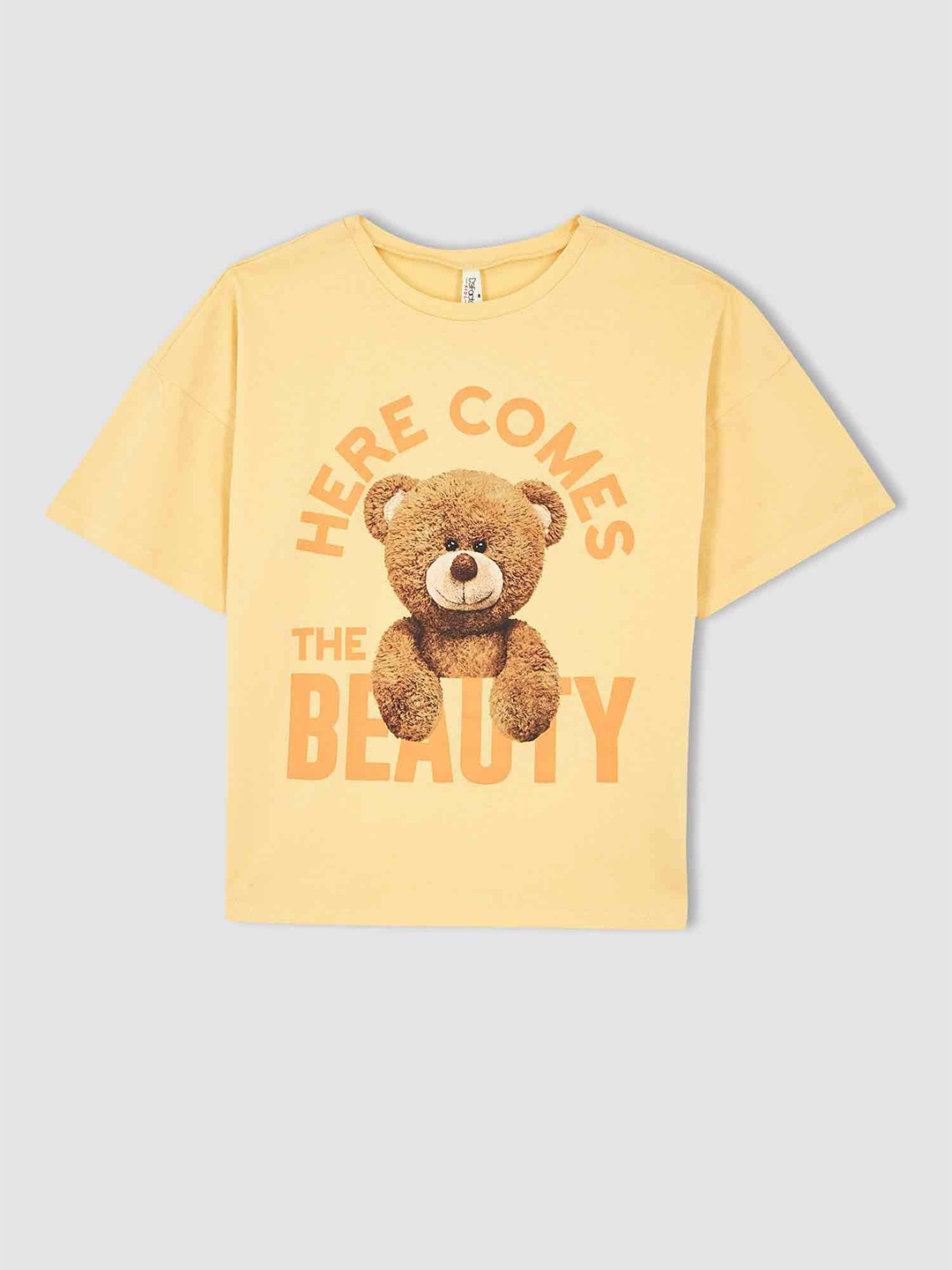 

DeFacto Girls Printed Drop Shoulder Sleeves Pure Cotton Top, Yellow