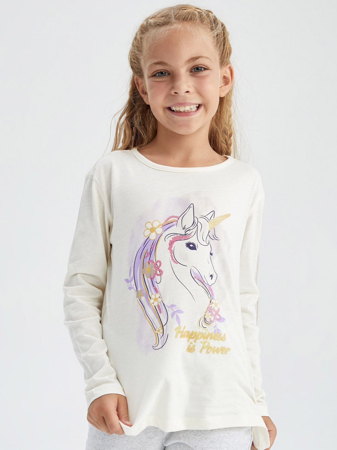 

DeFacto Girls Printed Drop Shoulder Sleeves Pure Cotton Top, Na