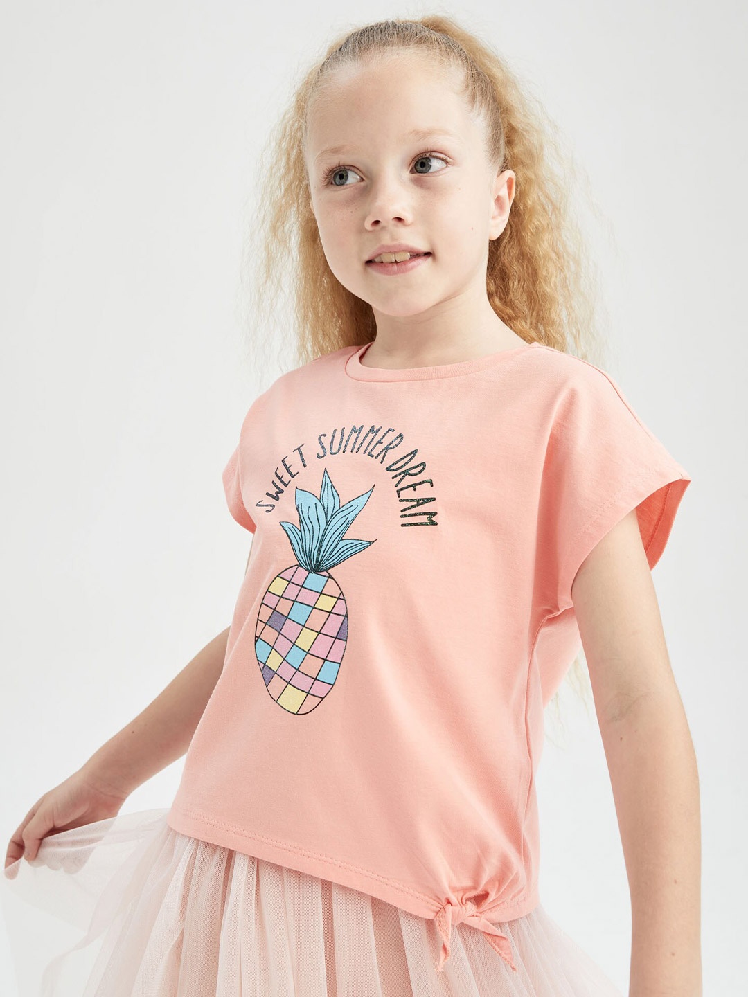 

DeFacto Girls Printed Extended Sleeves Pure Cotton Top, Peach